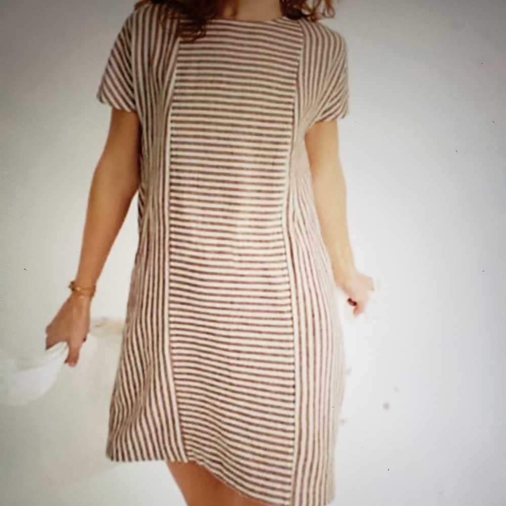 Madewell Stripe Play Button Back Linen Blend Tee Dress, Size Small